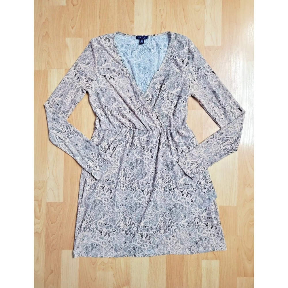 UK2LA lace print faux wrap long sleeve dress
